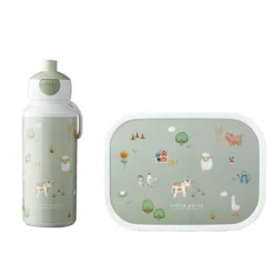 Lunch set - Pop -up drinking bottle and lunch box - Green - Little Farm