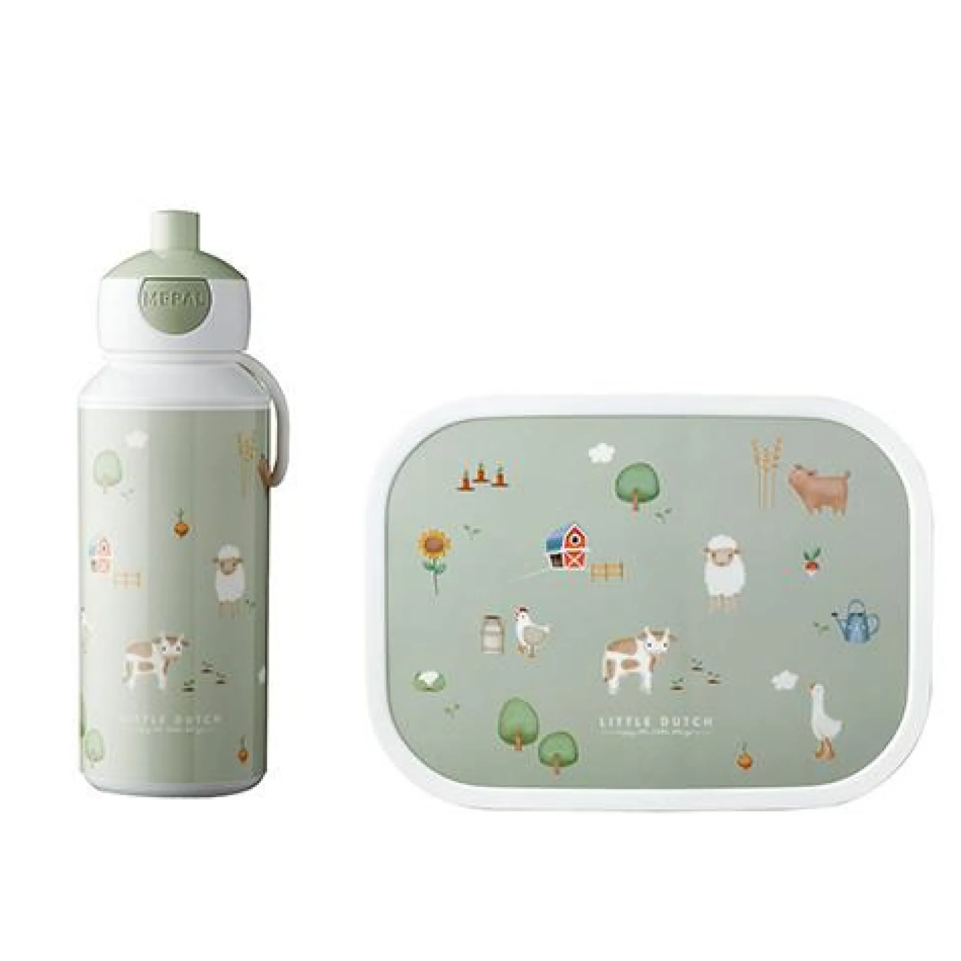 Lunch set - Pop -up drinking bottle and lunch box - Green - Little Farm