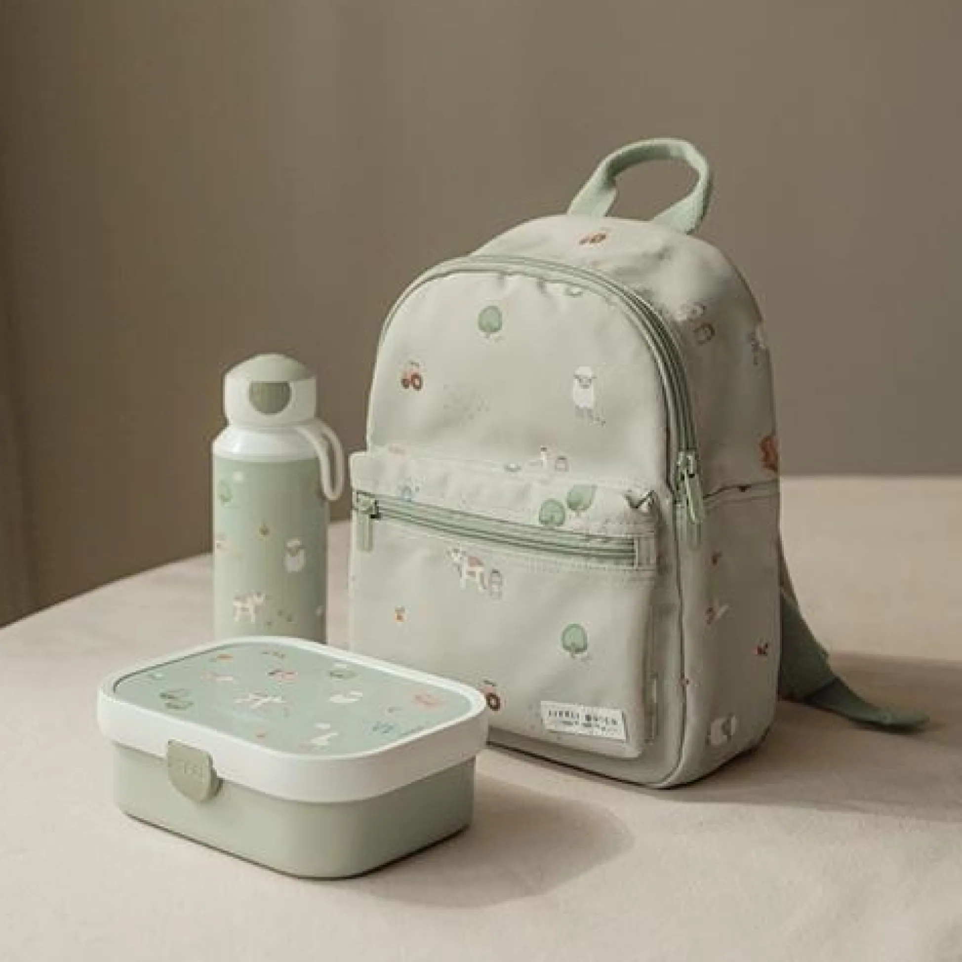 Lunch set - Pop -up drinking bottle and lunch box - Green - Little Farm