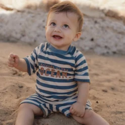 Swimsuit short sleeve - Blue - Ocean Blue Stripes