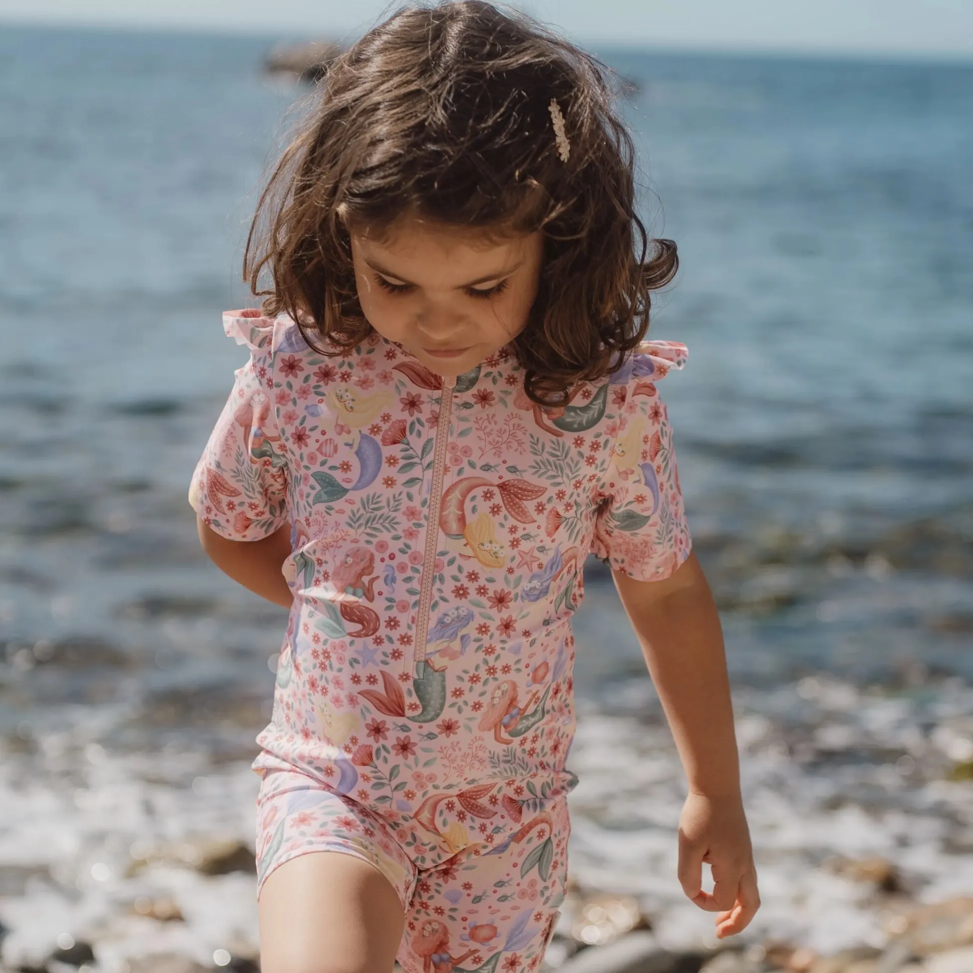 Swimsuit short sleeve - Pink - Mermaid print