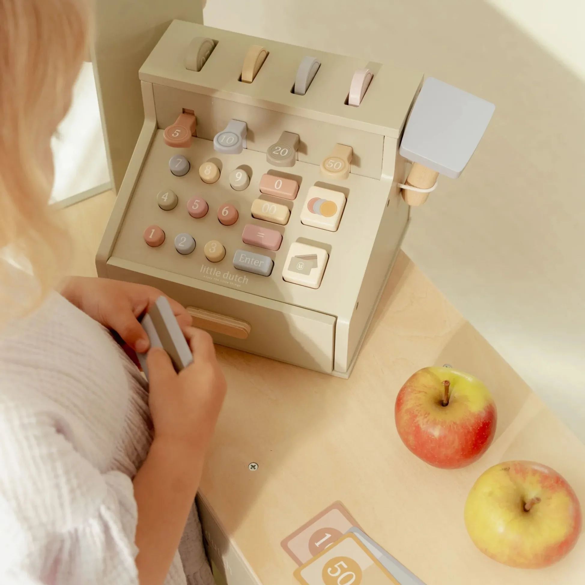 Wooden cash register with scanner and card reader